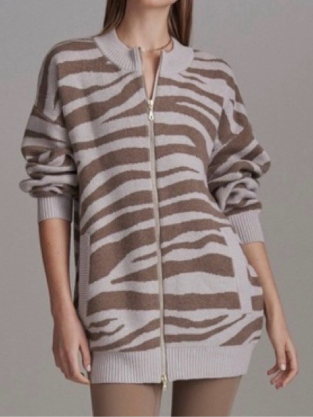 Varley Taupe and Light Gray Zebra Zip Cardigan